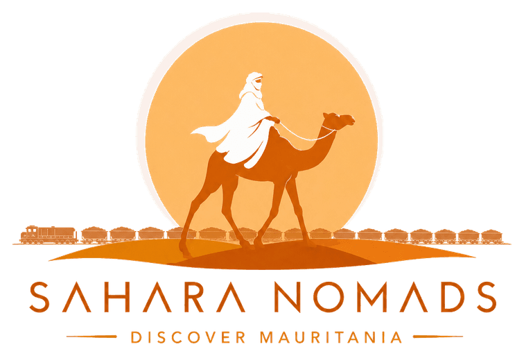Sahara Nomads - Mauritania travel agency logo with camel rider and iron ore train.