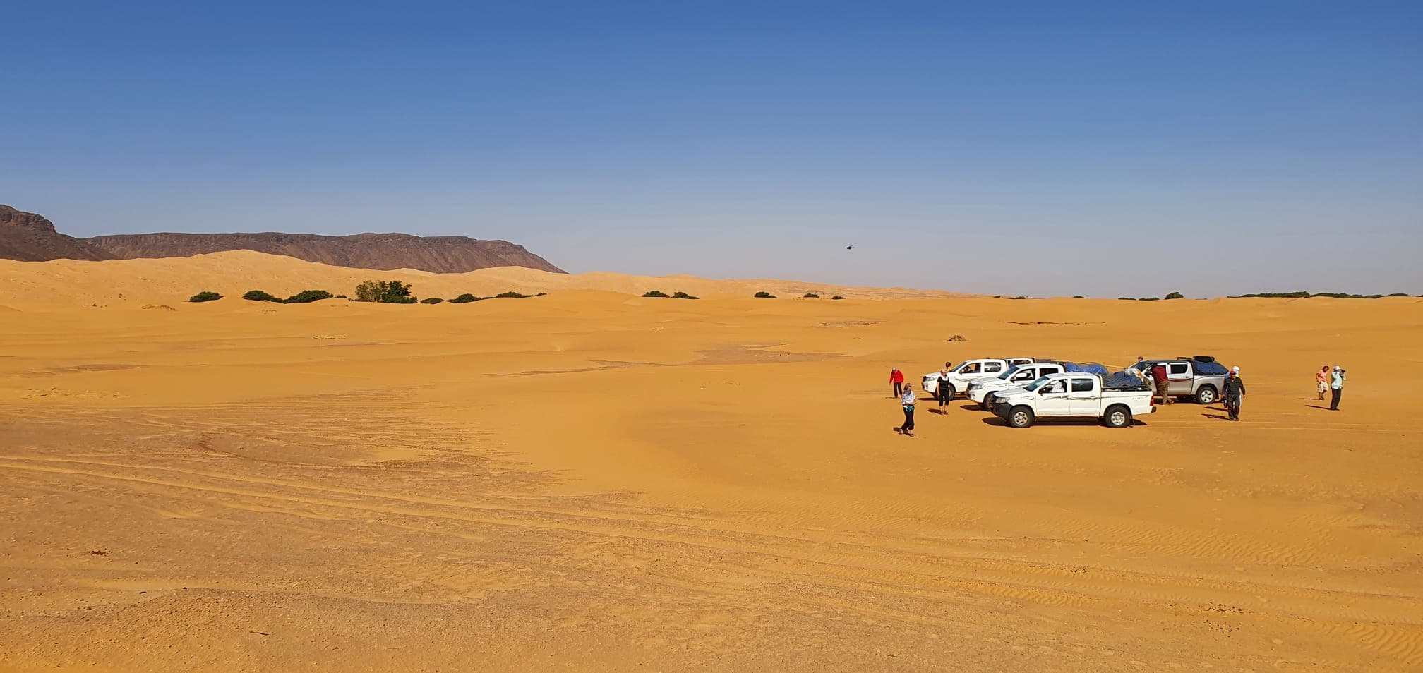 A 4x4 expedition convoy at the foot of desert cliffs