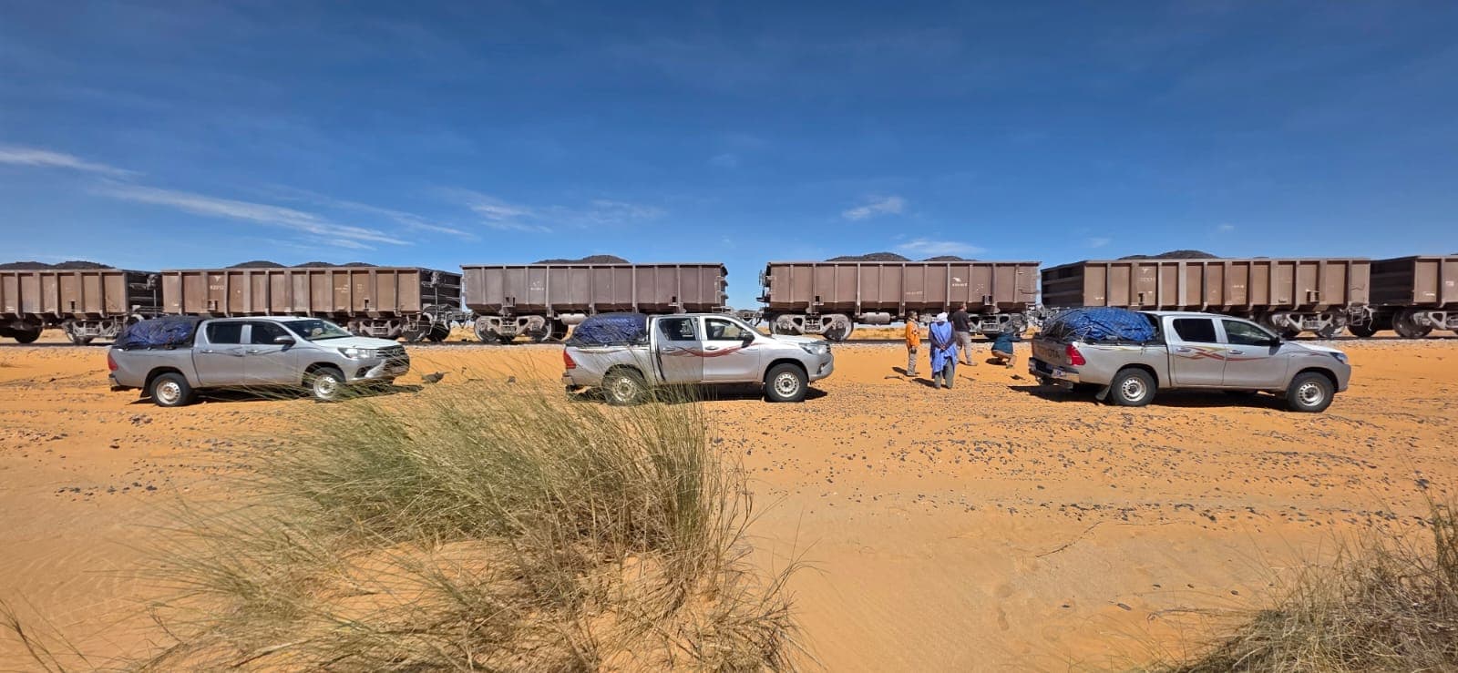 Iron ore railway wagons crossing the Mauritanian desert